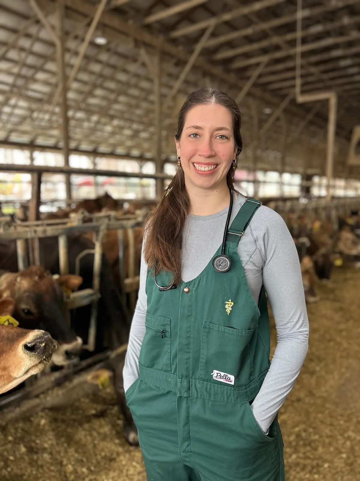 A woman with brown hair smiling, wearing a gray long sleeve shirt and green overalls with a stethoscope around her neck, standing inside a barn with cows in the background.