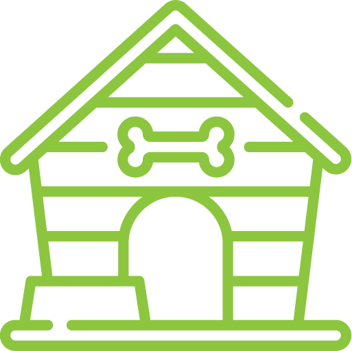 Line drawing of a doghouse with a bone decoration above the door, set on a base.