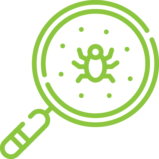 Magnifying glass focusing on a bug, representing bug or virus detection.