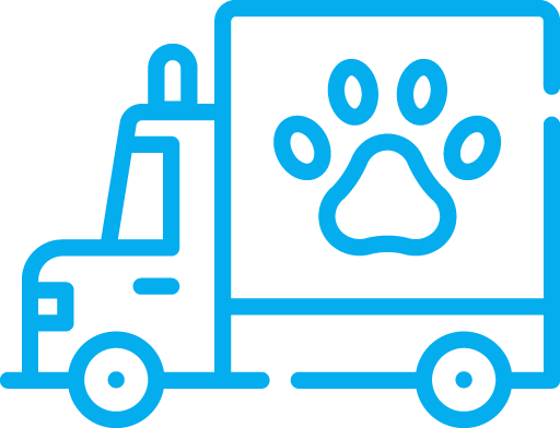Blue line drawing of a delivery truck with a paw print on the side.