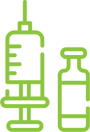 Outline of a syringe and a small medicine bottle in green color.