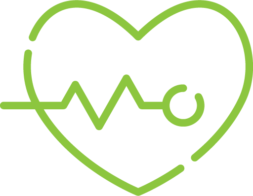 Outline of a heart with a stethoscope inside and an ECG line running across.