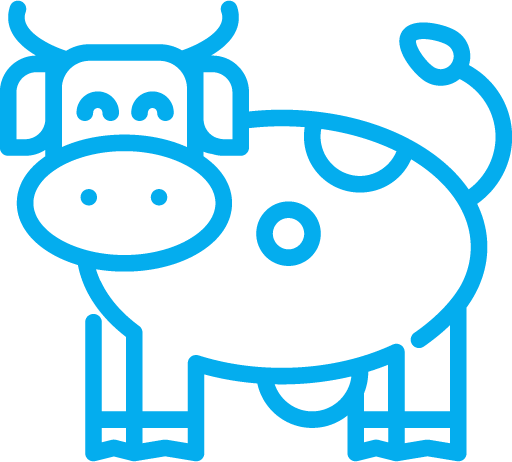 Line drawing of a cow in bright blue on a black background