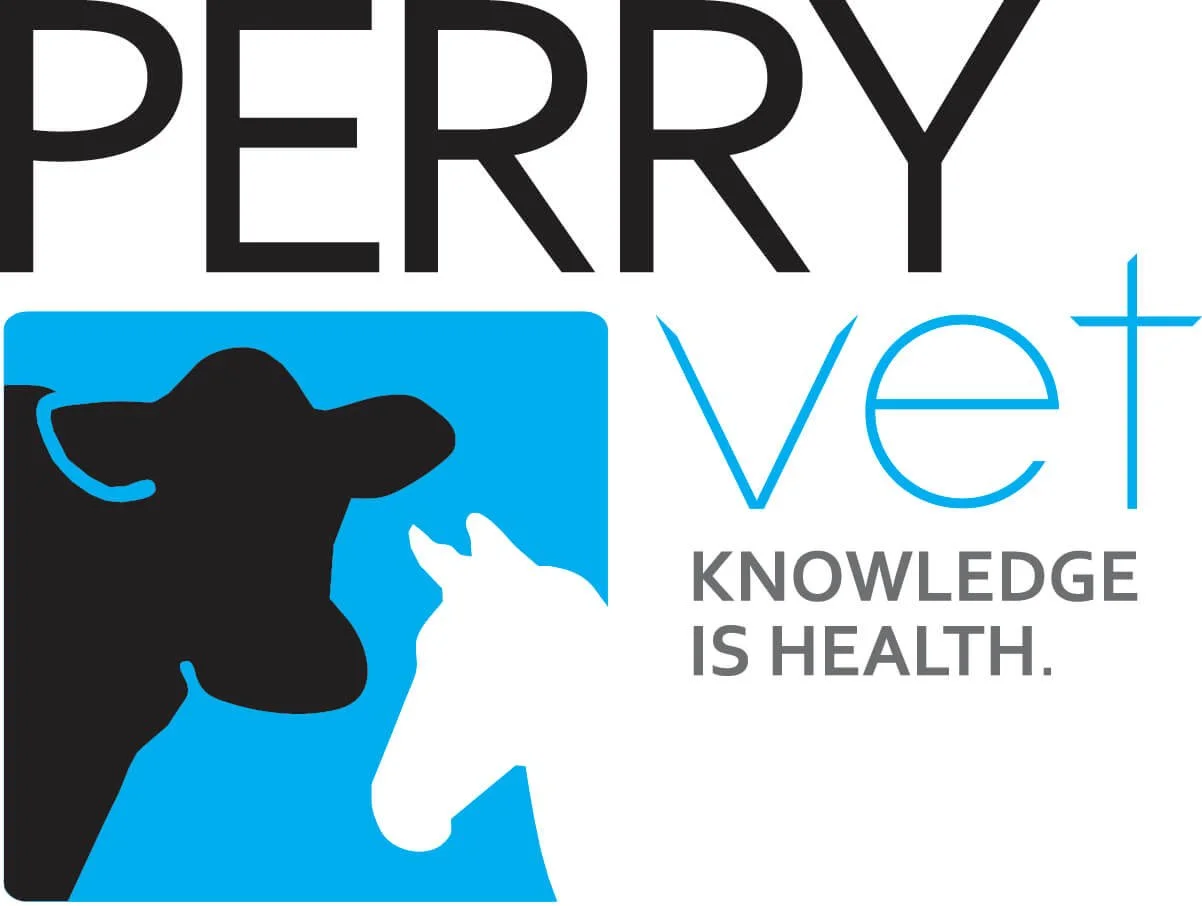 Logo for PerryVet featuring a silhouette of a cow and a horse, with the tagline "Knowledge is Health."