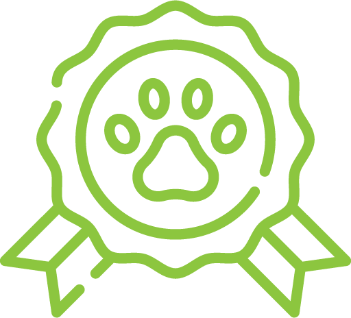 Green award ribbon with a paw print in the center.