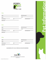 Pet information form from Perry Veterinary Clinic with sections for pet details, owner information, and medical history, featuring a green and white color scheme with a dog silhouette.