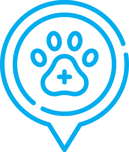 Dog paw print inside a location pin icon with a plus sign, outlined in blue on a black background.