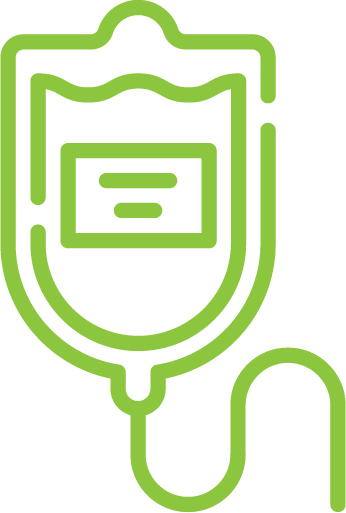 Minimalist green outline of a blood bag with a tube.