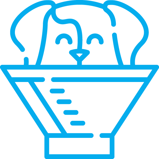 Line drawing of two dogs' faces in a bowl with water, depicted in blue outline.