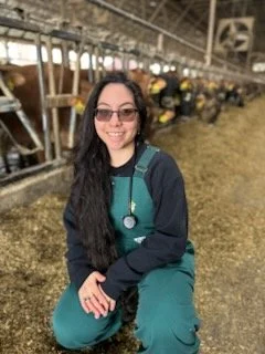 Female Vet in Barn wearing green coveralls
