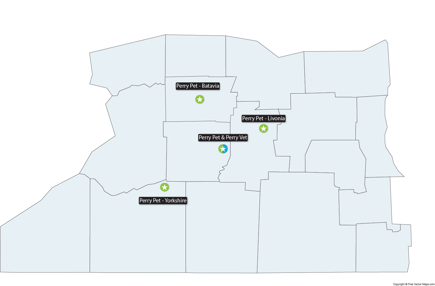 Map of Western NY showing various Perry Pet locations, including Batavia, Livonia, Yorkshire, and Perry Vet & Perry Pet, marked with green stars and labels.