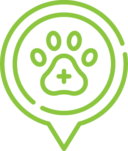 Green icon of a paw print with a medical cross inside, encircled by a location pin outline.