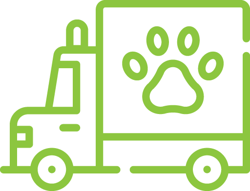 Green outline of a moving truck with a paw print on its side