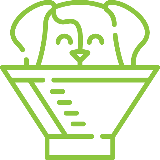 Green line drawing of a dog with a bone inside a bowl.