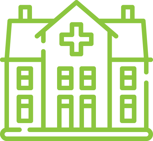 Outline of a hospital building with a cross on the front.
