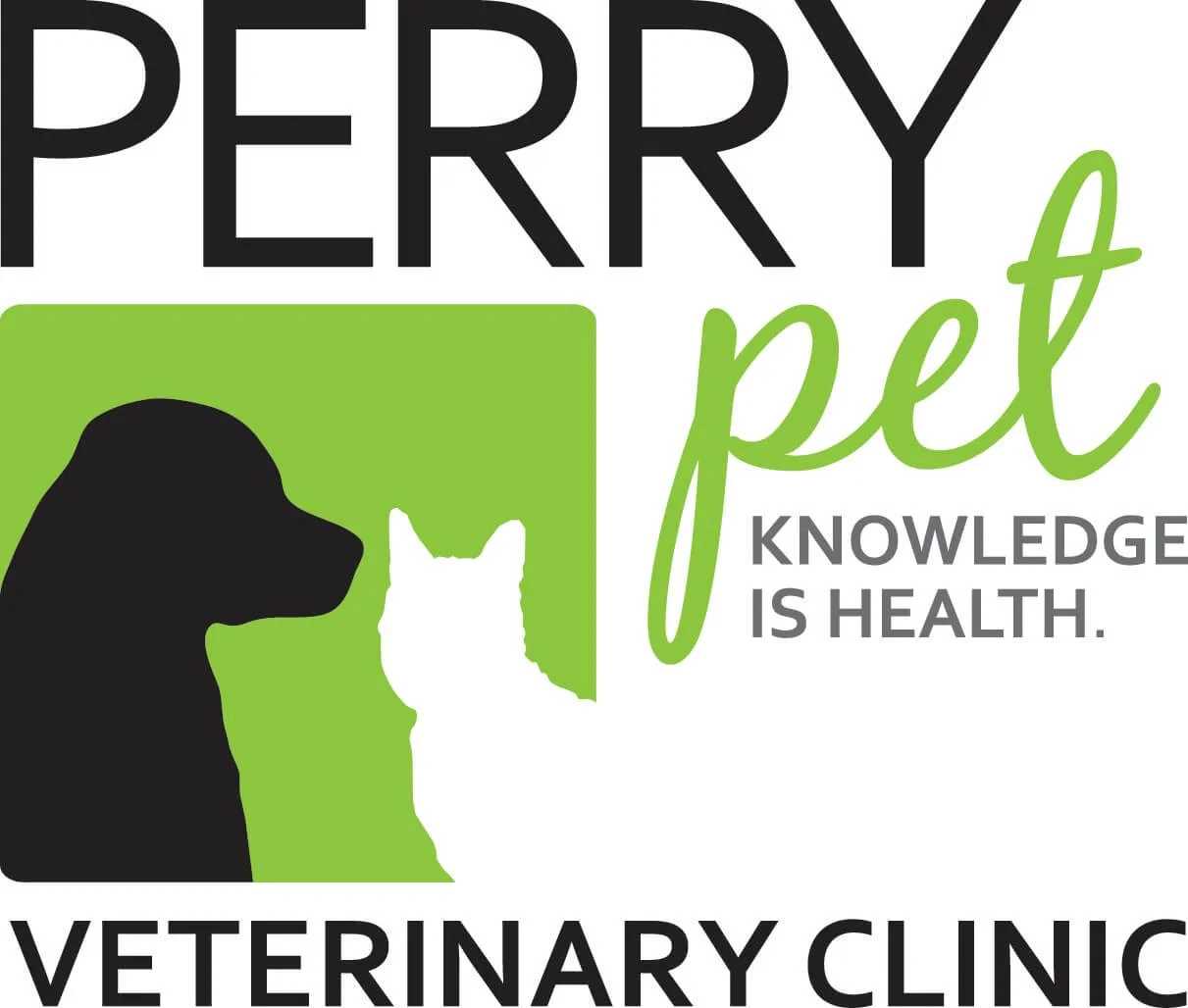 Logo for Perry Pet Veterinary Clinic with a black silhouette of a dog's head, a white silhouette of a cat, green background and text that reads 'Perry Pet Knowledge is Health. Veterinary Clinic'.