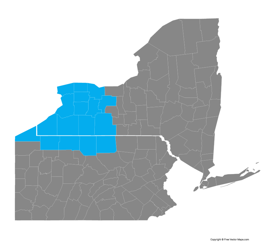 Map of New York with some counties in the western part highlighted in blue.