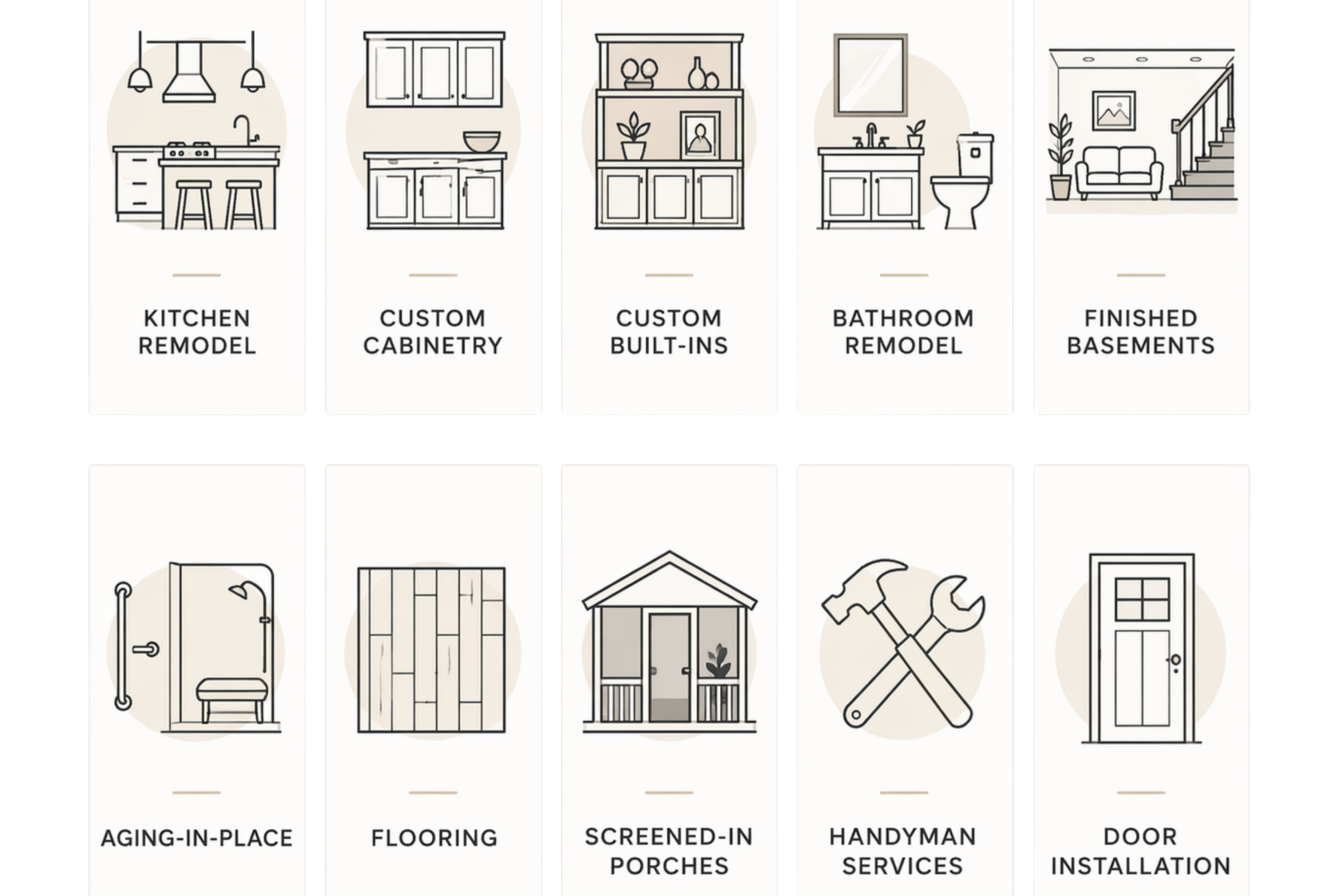 A digital interface with icons representing home renovation services including kitchen remodel, custom cabinetry, built-ins, bathroom remodel, finished basements, aging-in-place, flooring, screened-in porches, handyman services, and door installation.