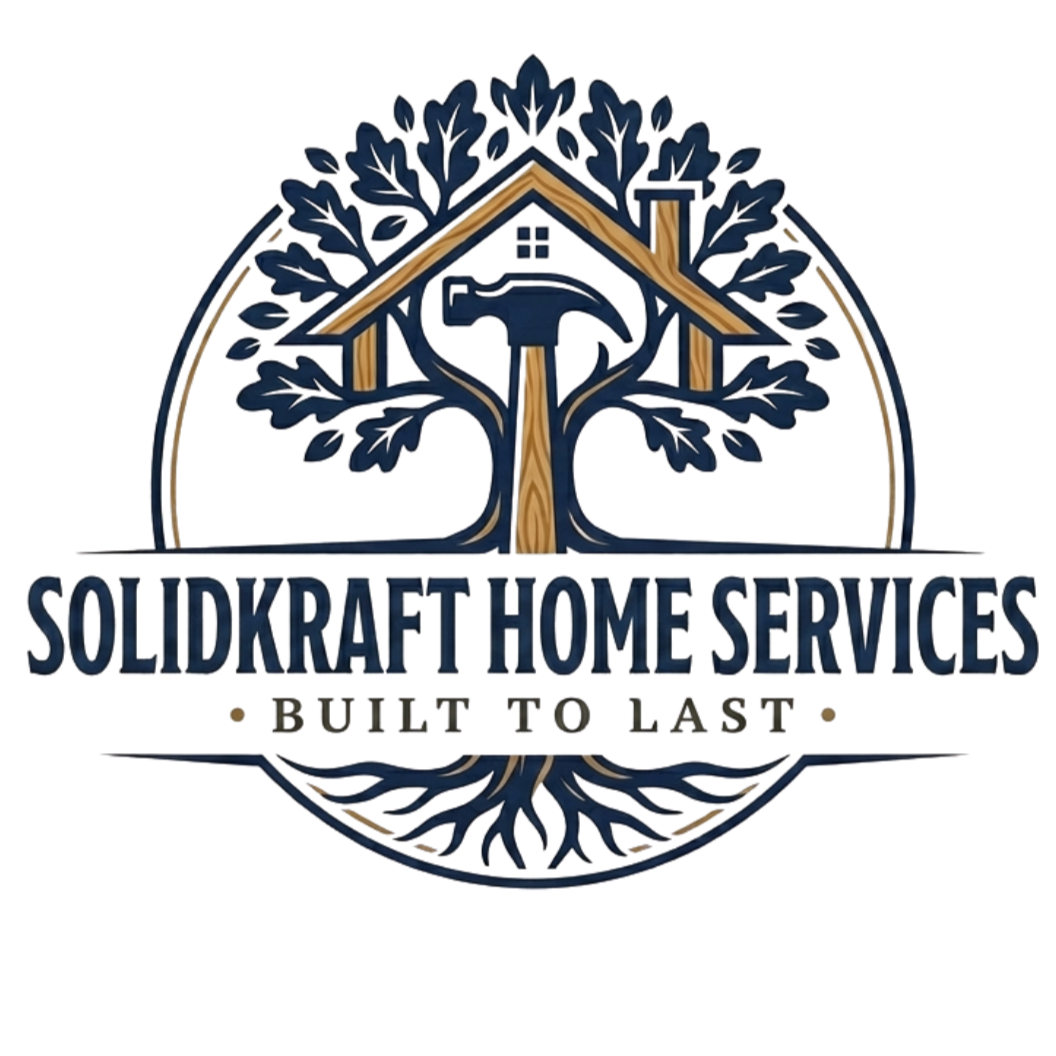 Logo for SolidKraft Home Services features a stylized tree with a house roof integrated into the branches, and the company name underneath.