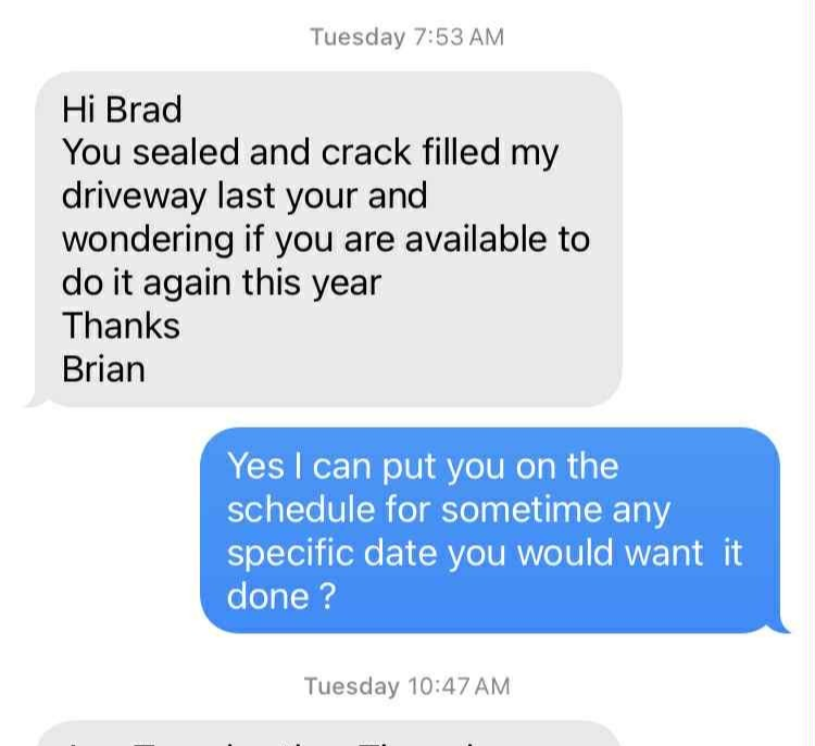 Text message conversation between two people discussing sealing cracks in a driveway and scheduling work.