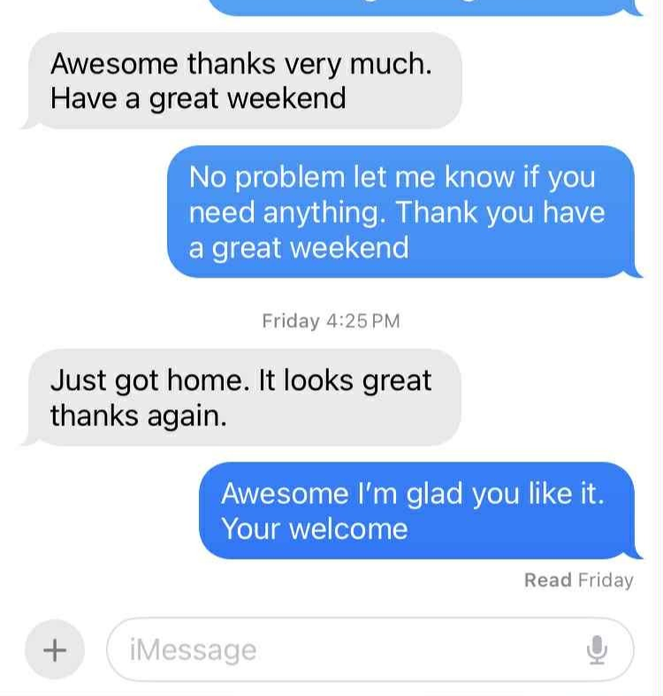 Text message conversation on a phone screen with blue and gray chat bubbles discussing thanking for help and weekend plans.