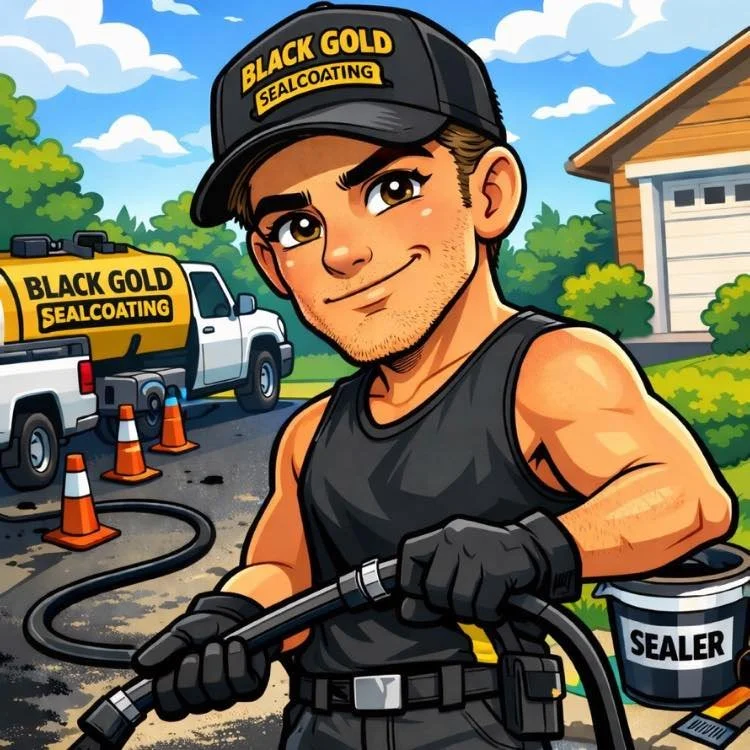 Cartoon worker wearing a black cap and sleeveless shirt, holding a sealant gun with a bucket labeled "Sealer" in front of a sealed driveway, with trucks and orange cones in the background.