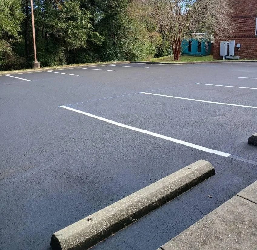 Empty parking lot with freshly paved asphalt, white painted parking lines, concrete wheel stops, and trees and buildings in the background.