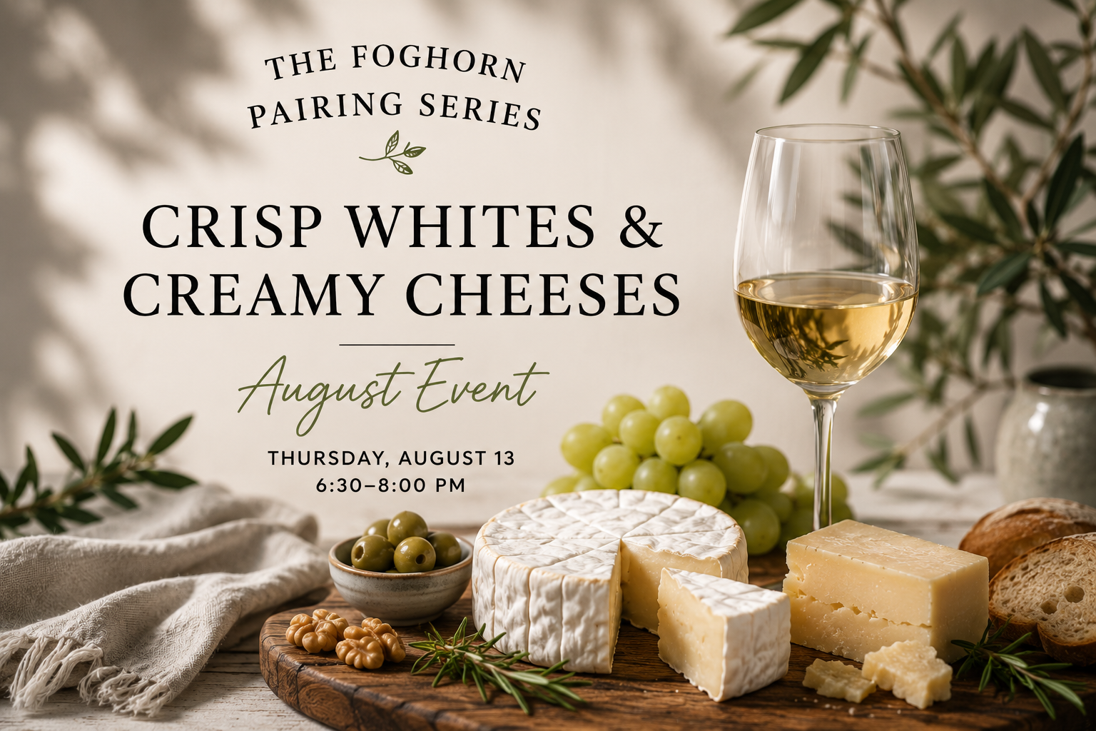 August 13th - Foghorn Pairing Series - Crisp Whites and Creamy Cheeses