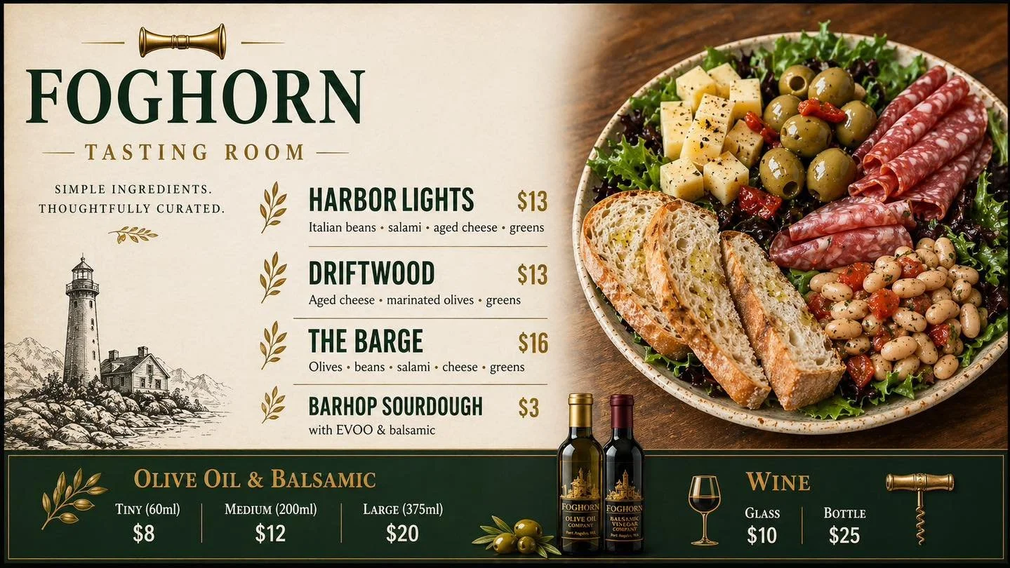 🌿Introducing our tasting room menu 🌿

A collection of Mediterranean-inspired grazing plates, featuring marinated olives, rotating aged cheeses, salami, Italian white beans, and fresh sourdough, all paired with premium olive oils and balsamic vinega