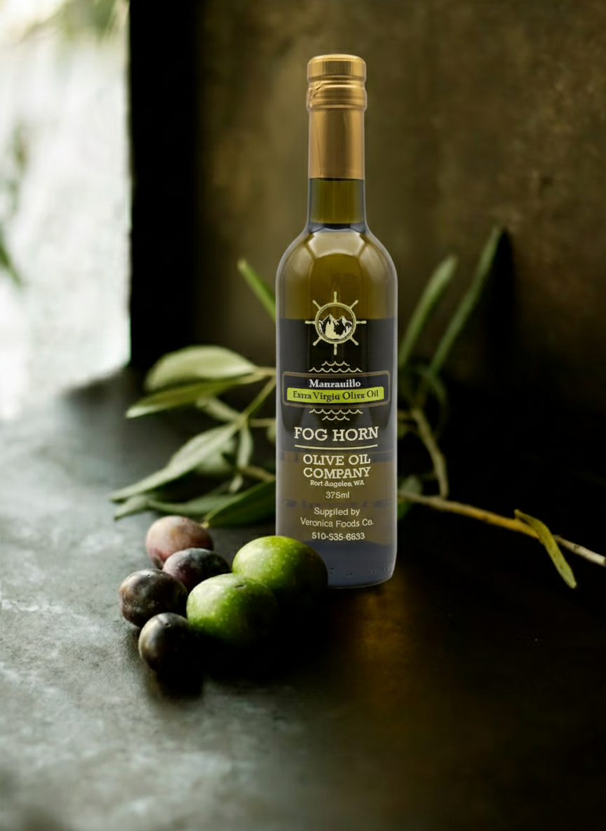 A bottle of Fog Horn Extra Virgin Olive Oil.
