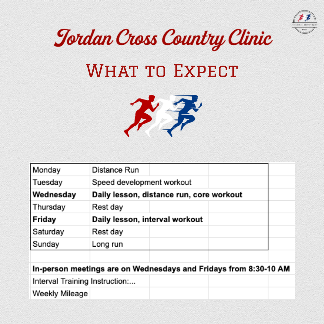 Schedule of a running club named Jordan Cross Country Clinic outlining weekly activities such as distance run, speed development, core workout, interval workout, rest days, and long run with in-person meeting times on Wednesdays and Fridays from 8:30 to 10 AM, with a logo in the top right corner.