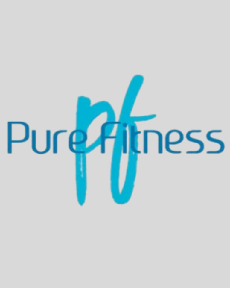 Logo with the words 'Pure Fitness' in blue text, with a stylized 'pf' in larger, cursive blue font in the center.