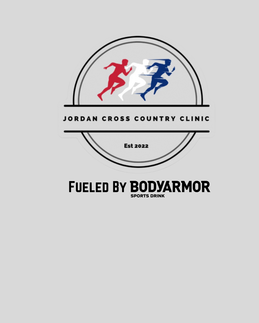 Logo for Jordan Cross Country Clinic with three running figures in red, white, and blue, and text promoting Bodyarmor sports drink.