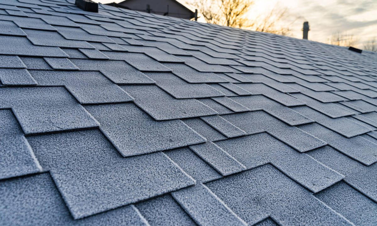 Close-up of a frost-covered shingled roof with a sunset or sunrise in the background.