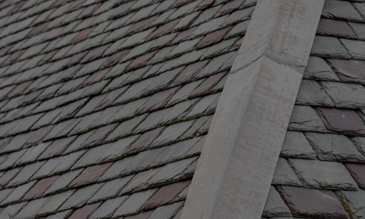Close-up of a tiled roof with overlapping gray and reddish-brown slate shingles and a vertical white roof vent.