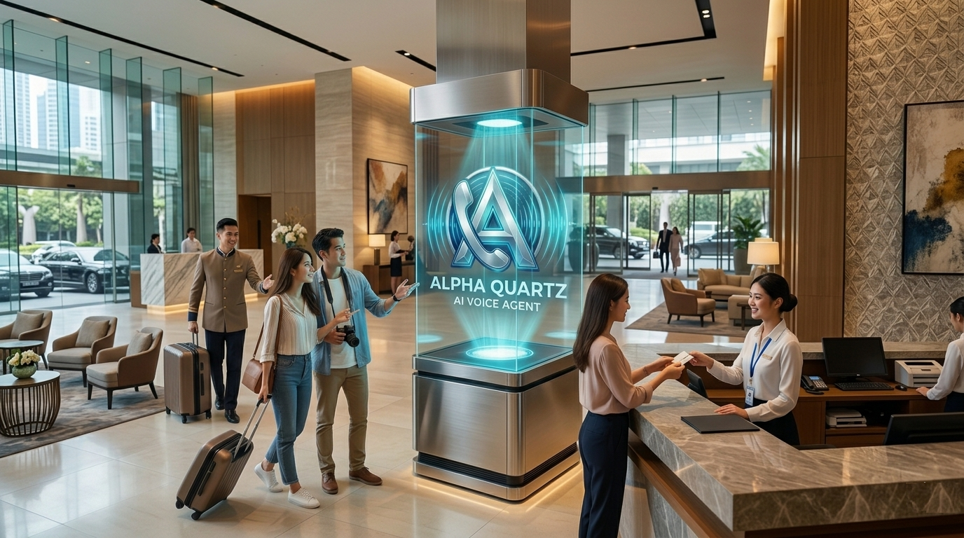 Tótem holográfico de Alpha Quartz AI Voice Agent en el lobby de un hotel de lujo, optimizando la atención al cliente junto al personal de recepción.