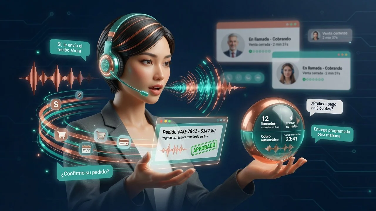 Banner de Agente de Voz con IA de Alpha Quartz gestionando llamadas de soporte, ventas y cobros automáticos 24/7.