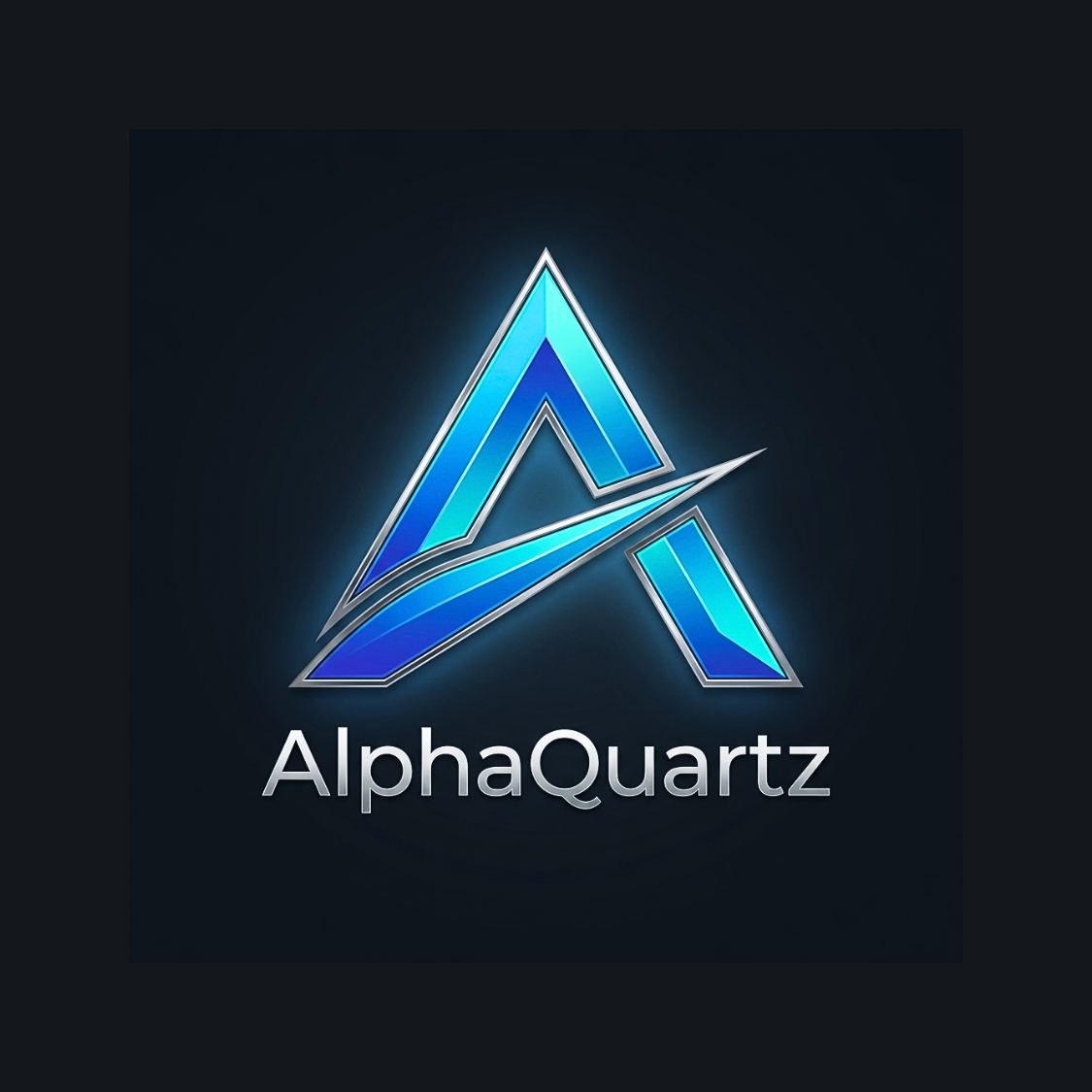 Alt Text: Logotipo de AlphaQuartz que muestra una letra "A" estilizada con diseño geométrico en 3D, tonos azul neón y cian con acabado metálico, sobre un fondo oscuro.