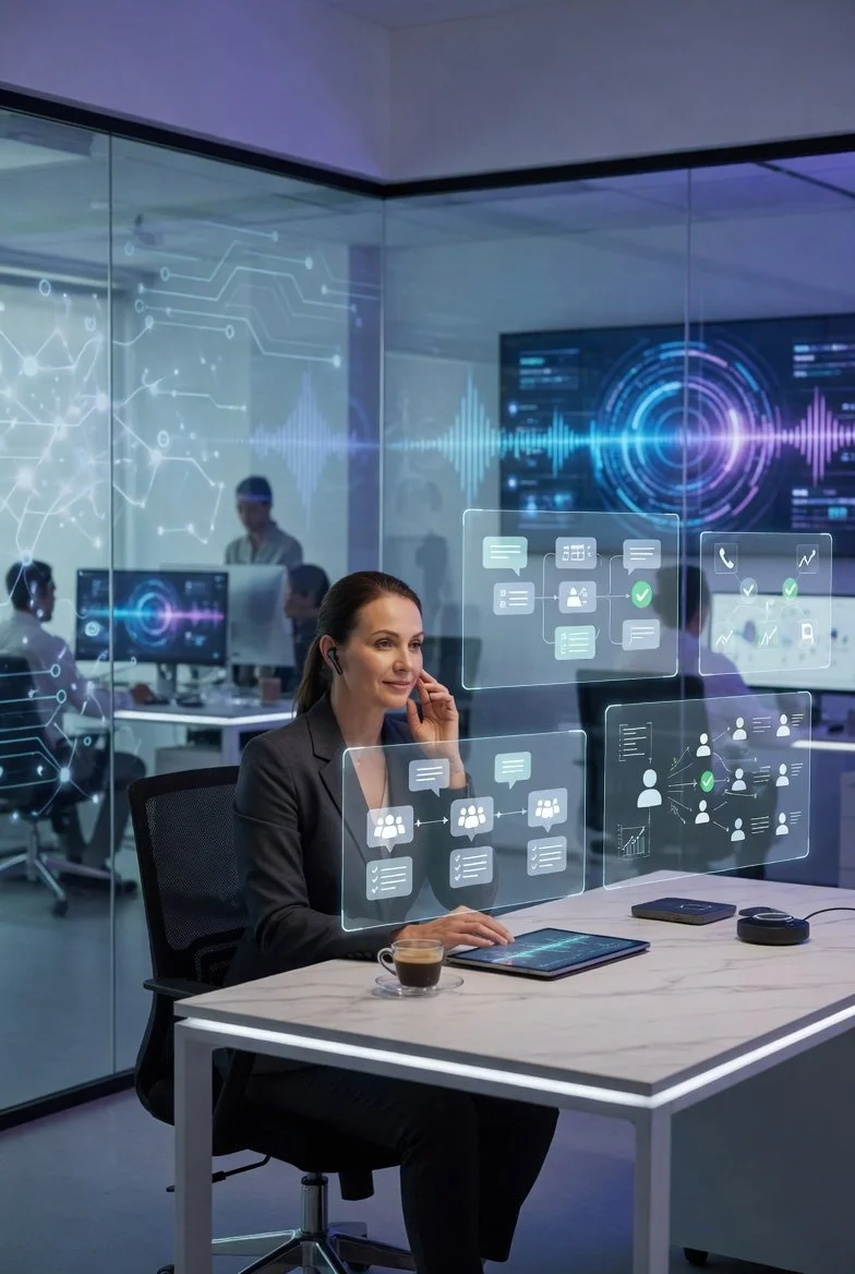 Supervisora de operaciones utilizando interfaces holográficas de IA para multiplicar la eficiencia y productividad de su equipo.