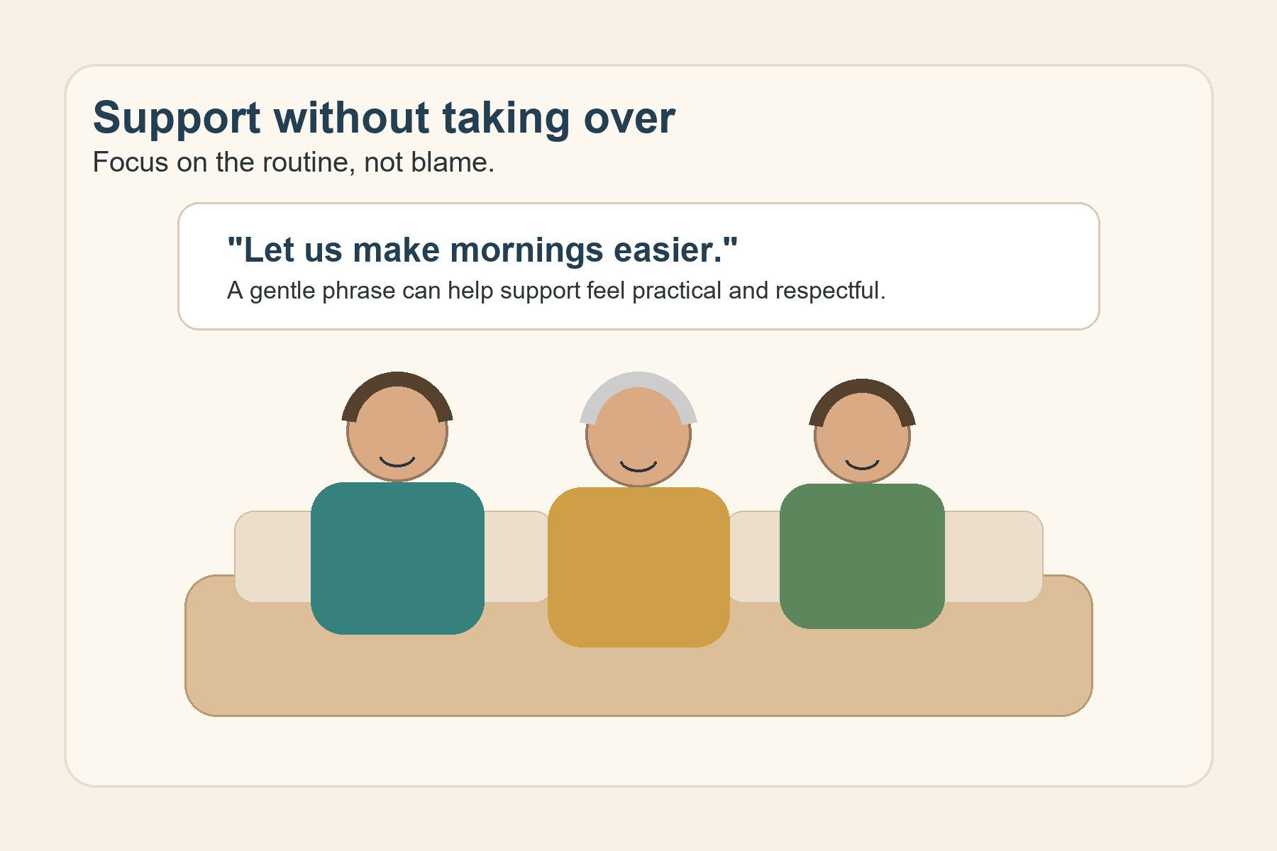 Calm home-care illustration about protecting dignity while adding memory-routine support.