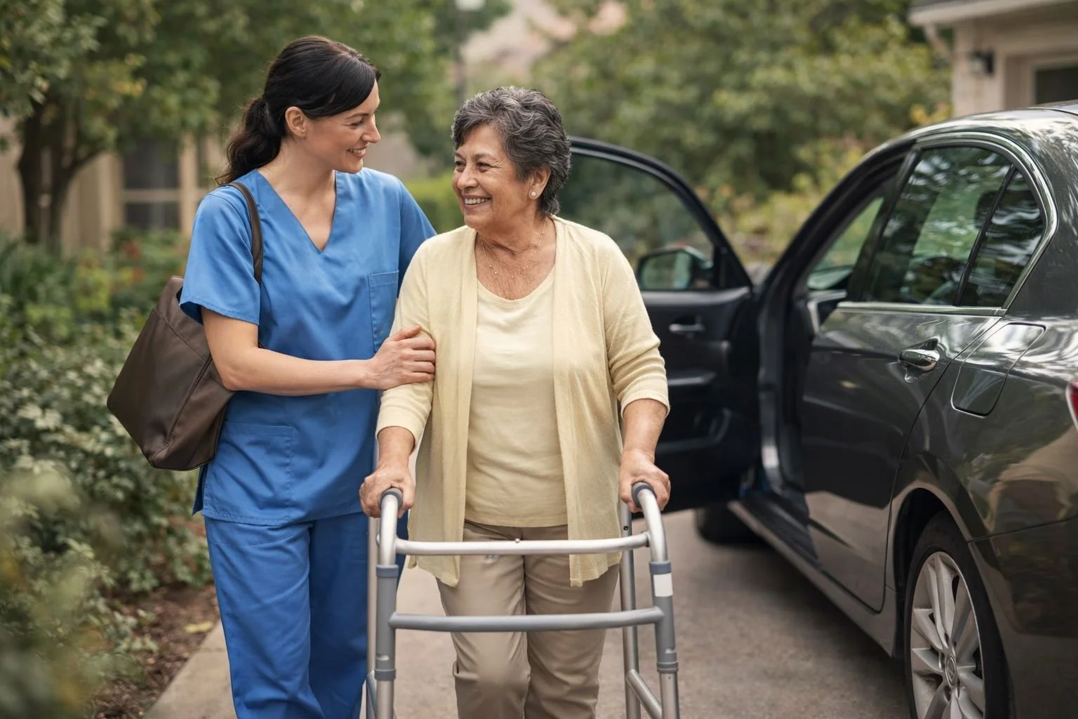 Female Caregiver Escorting Senior Female To An Appointment