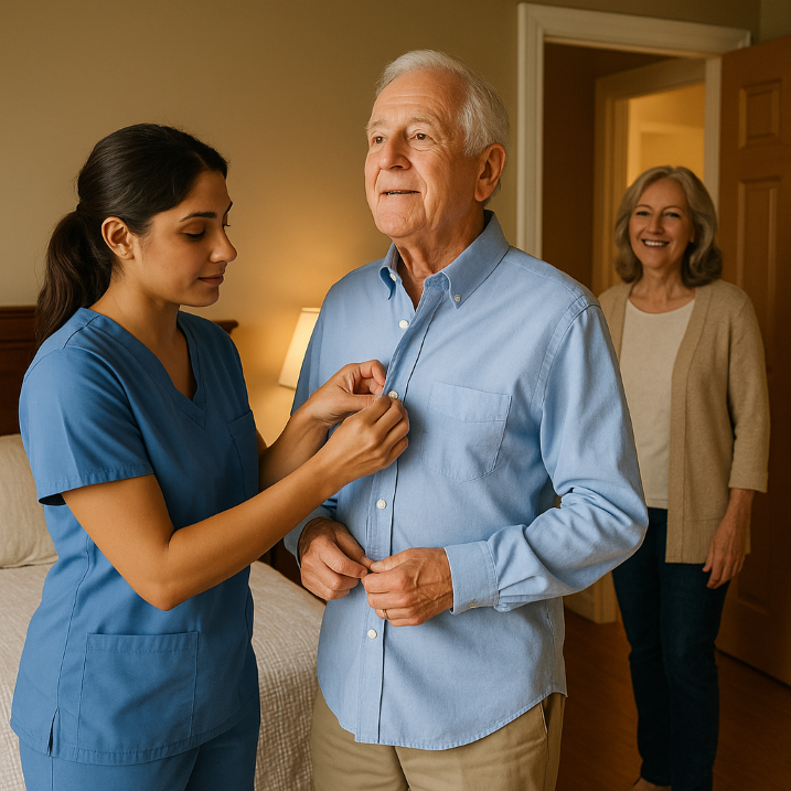 A nurse helps an elderly man button his shirt as his wife watches and smiles in the background.