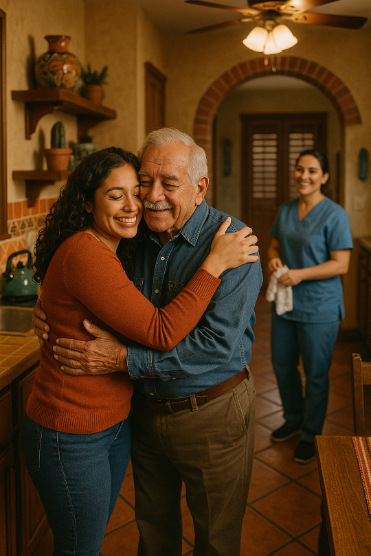 A Daughter Hugs Her Senior Father While A Caregiver Helping In The Kitchen Looks On