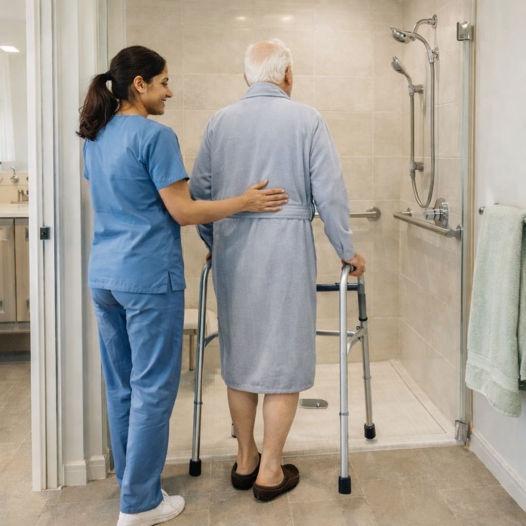 Female Caregiver Assisting A Senior Male Dressed In A Robe And Slippers Into A Shower Area For A Shower.