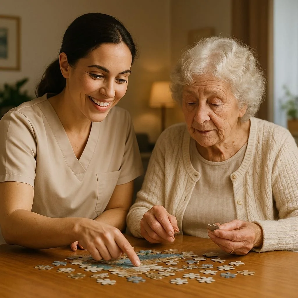 A young female caregiver and an elderly woman work together on assembling a jigsaw puzzle at a wooden table in a warmly lit living room.