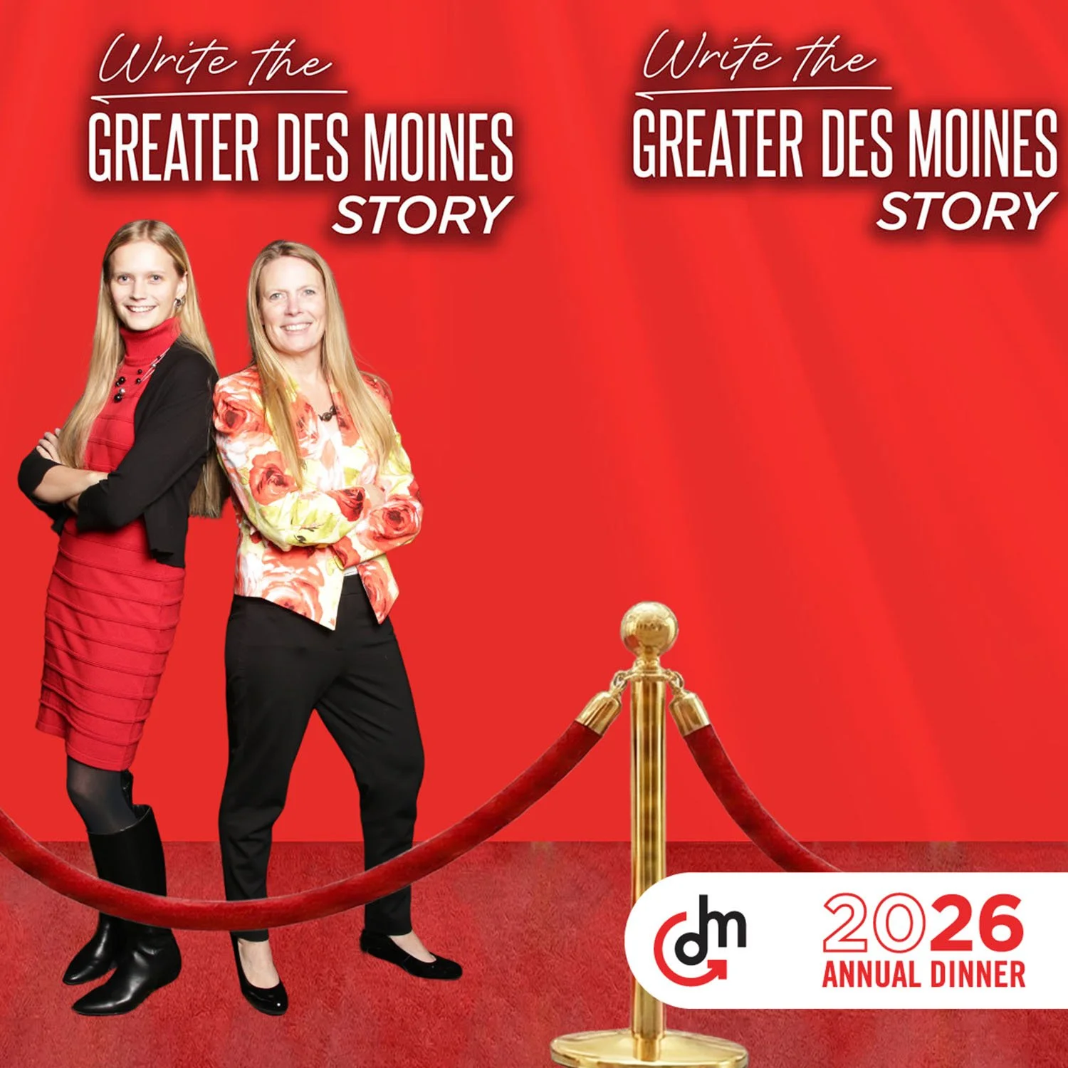 Guests posing against a branded Greater Des Moines Annual Dinner setting