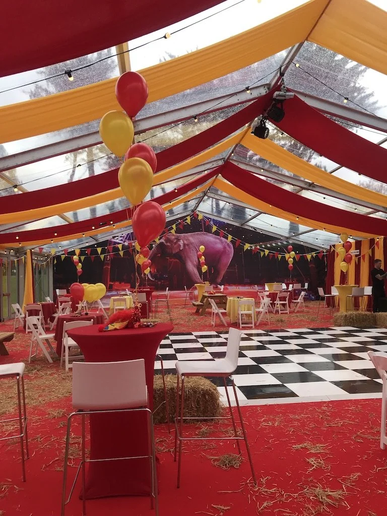 Decorated tent with red and yellow drapes, balloons, string lights, and a checkered dance floor, featuring a mural of an elephant in the background.