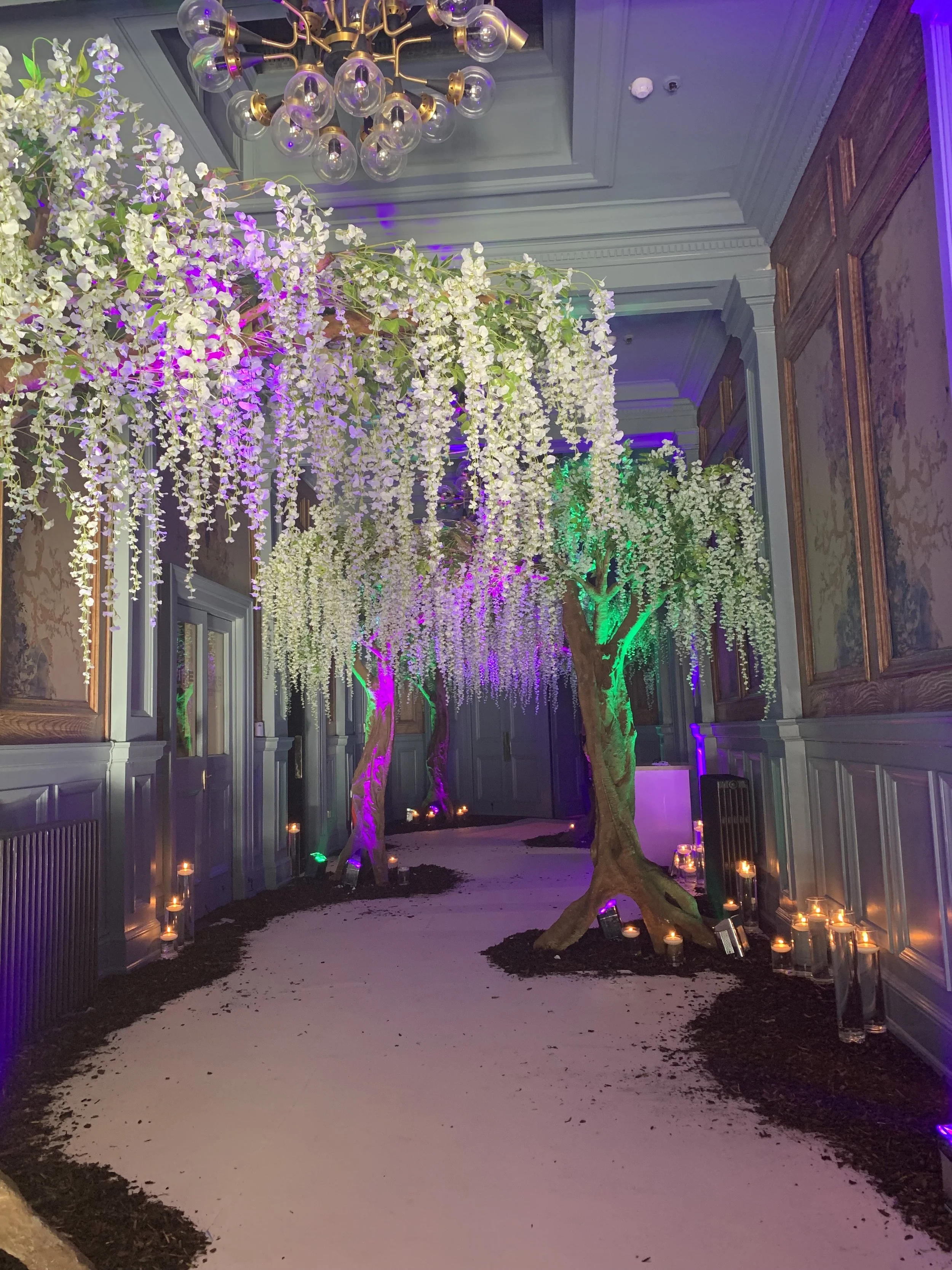 This image shows a grand corridor transformed into a whimsical enchanted walkway. A soft, pale carpet winds down the centre like a forest path, edged with dark bark mulch that gives the impression of rich woodland floor.