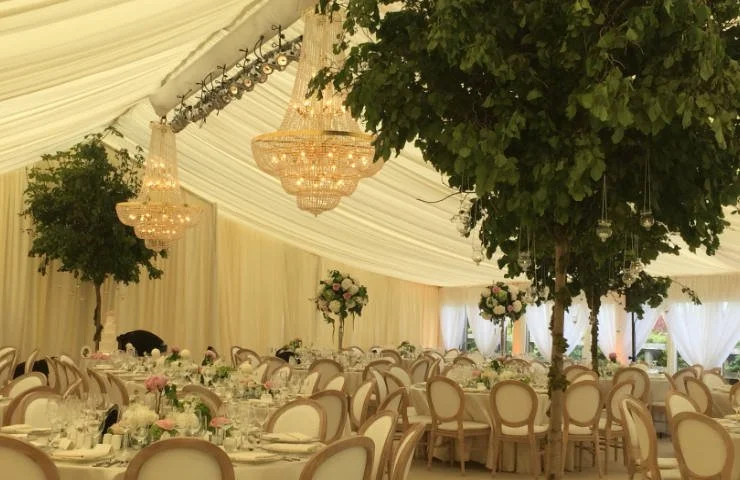 This image captures a serene, light‑filled reception space overlooking a peaceful lakeside view.