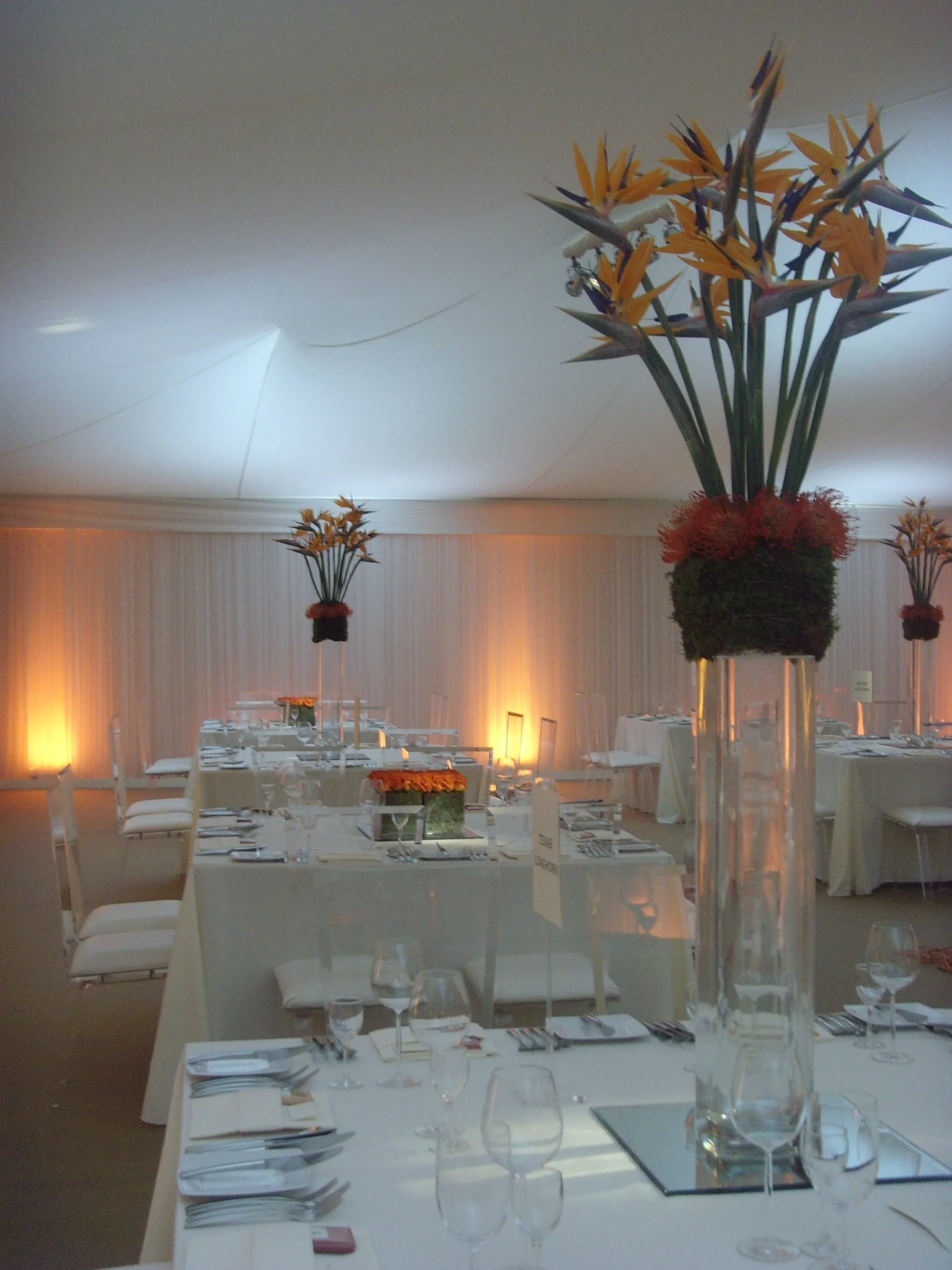 White Draped marquee roof with bird of paradise floral centrepiece